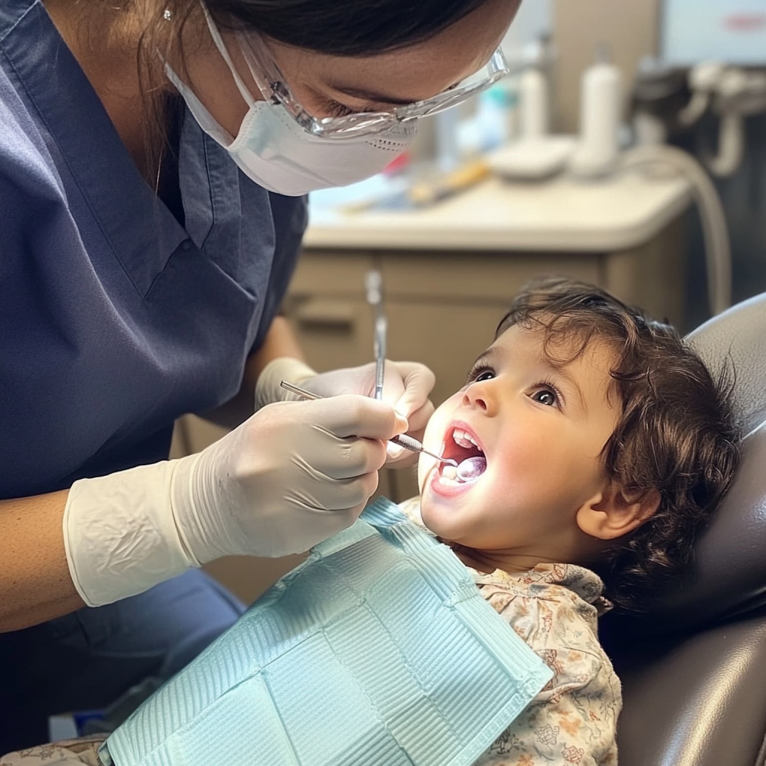 A dental professional examines a young child's teeth in a clinic setting, both wearing protective gear to ensure hygiene and safety.